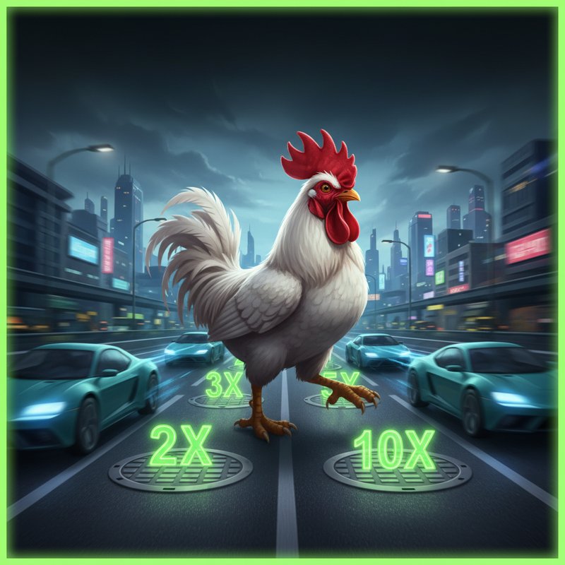 Chicken Road 2 Slot von InOut Gaming: weißes Huhn mit rotem Kamm überquert sechsspurige Autobahn mit Multiplikatoren auf Gullydeckeln und türkisfarbenen Autos